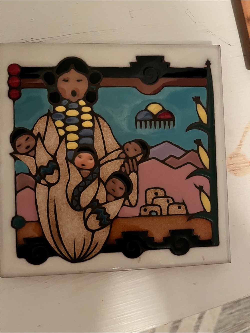 Earth tones Mother and Children Ceramic Wall Tile - Multi-Color